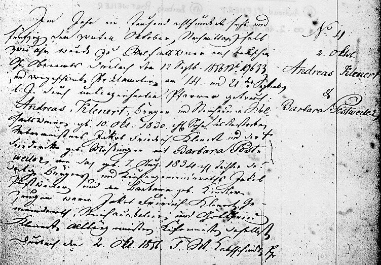 Heirat KLENERT - POSTWEILER am 2.10.1836 in Wolfartsweier